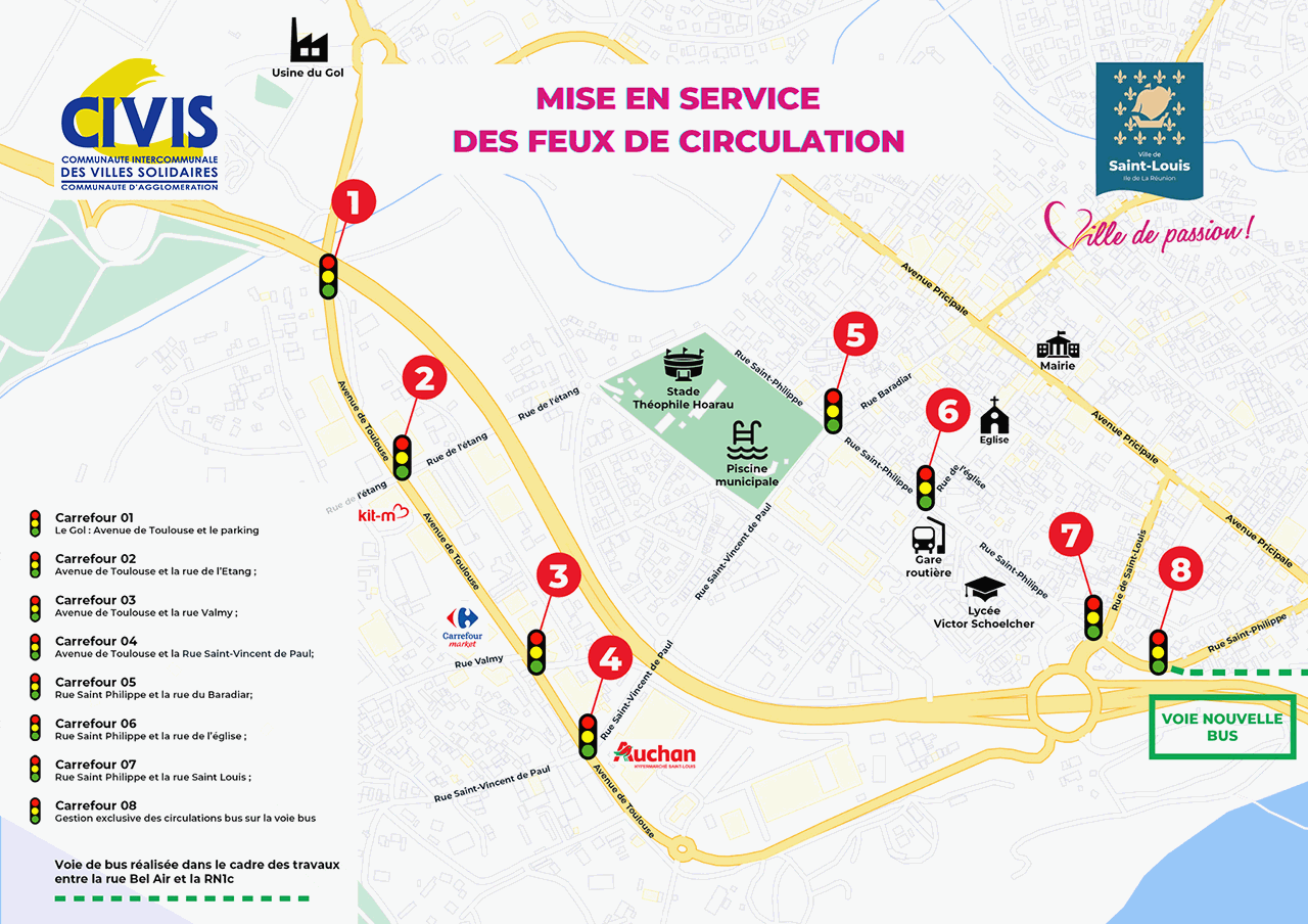 Carte des carrefours avec les 8 nouveaux feux