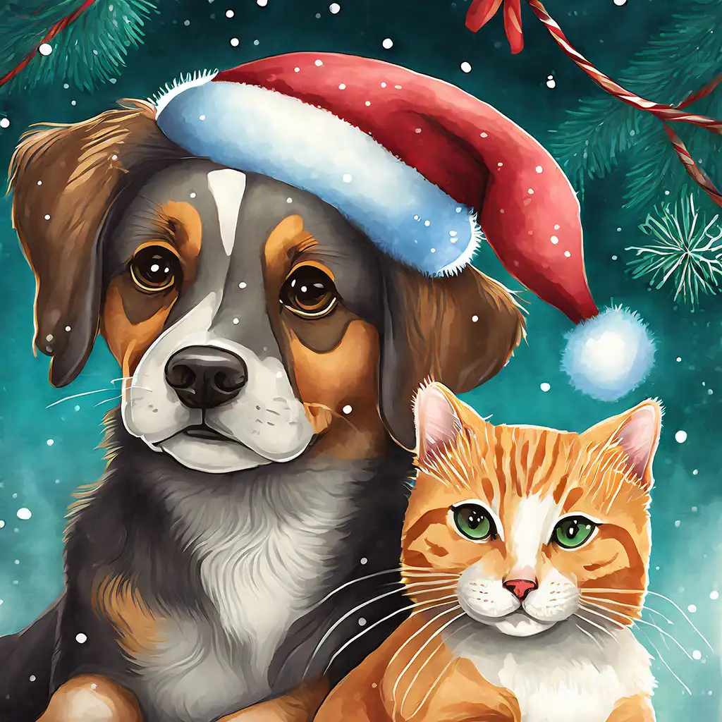 illustration : chat et chien qui célèbrent Noël